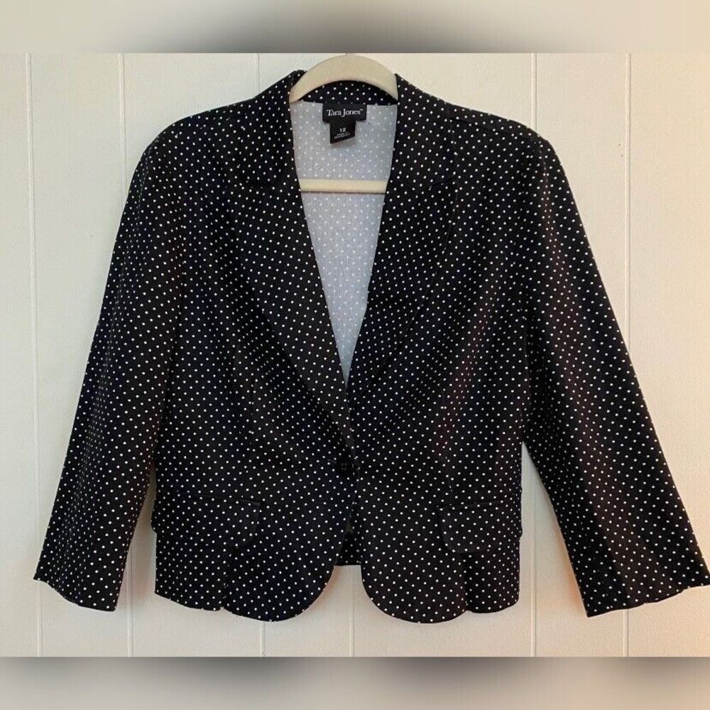 Tara Jones Jacket Blazer Women’s 12 Black Polka Dot Cotton Stretch